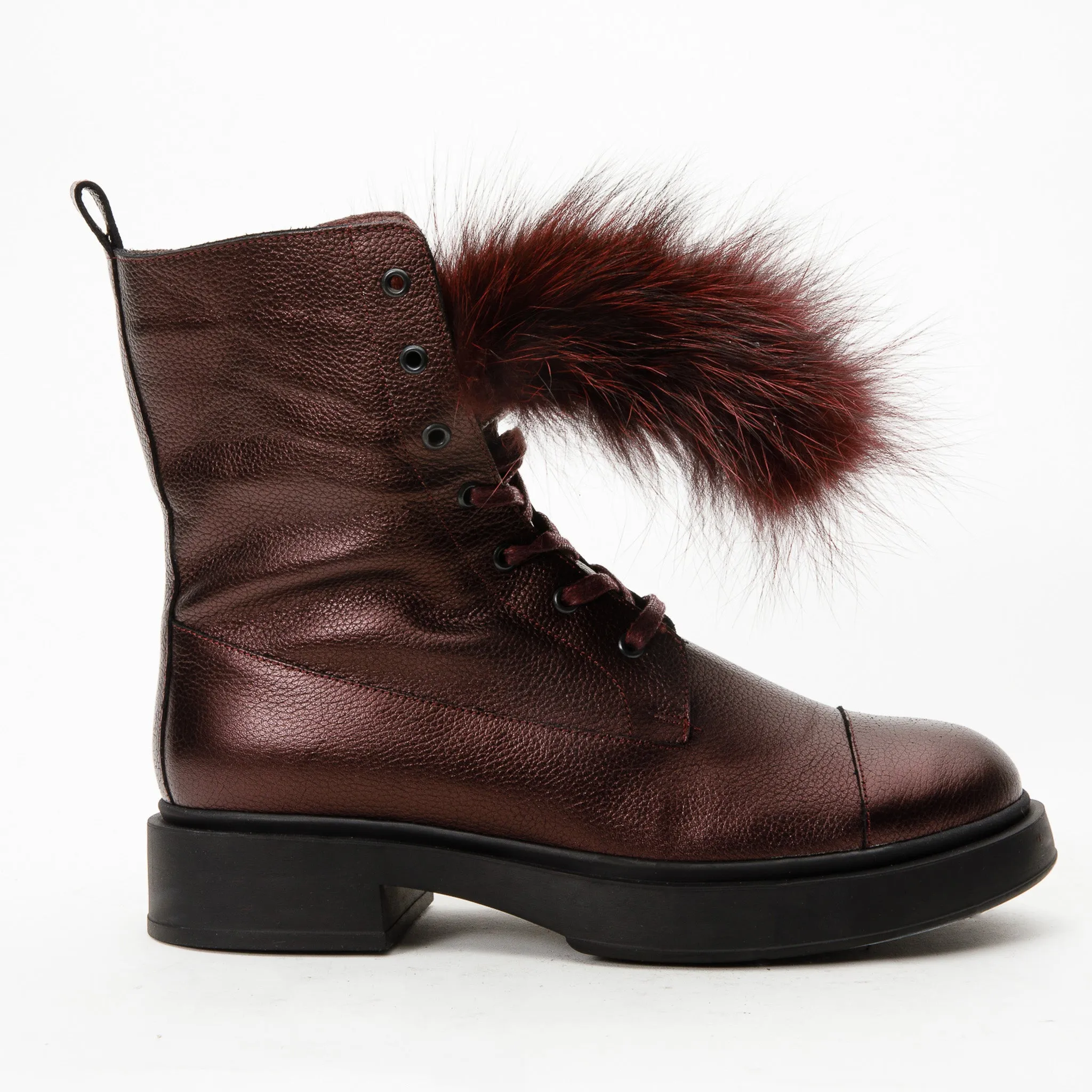 The Kajapati Burgundy Leather Natural Fur Mid Calf Women Boot