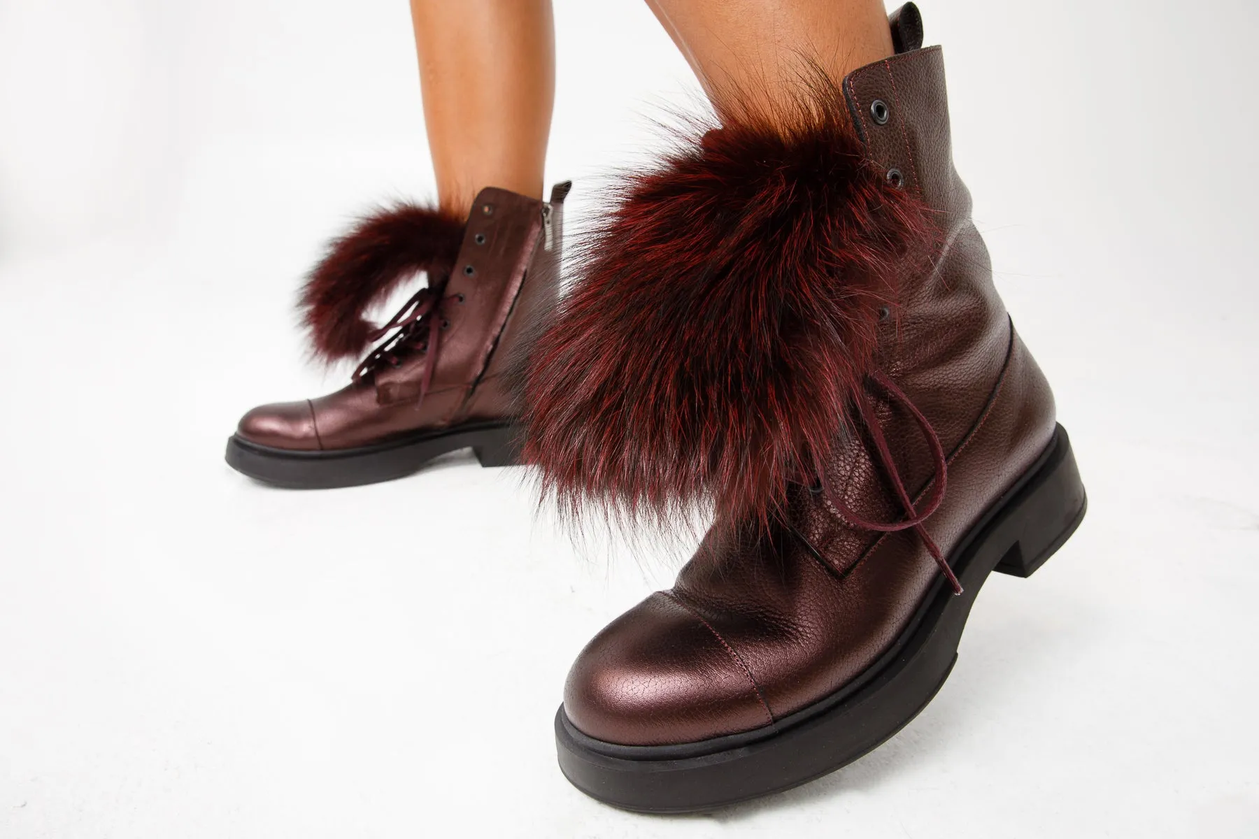 The Kajapati Burgundy Leather Natural Fur Mid Calf Women Boot