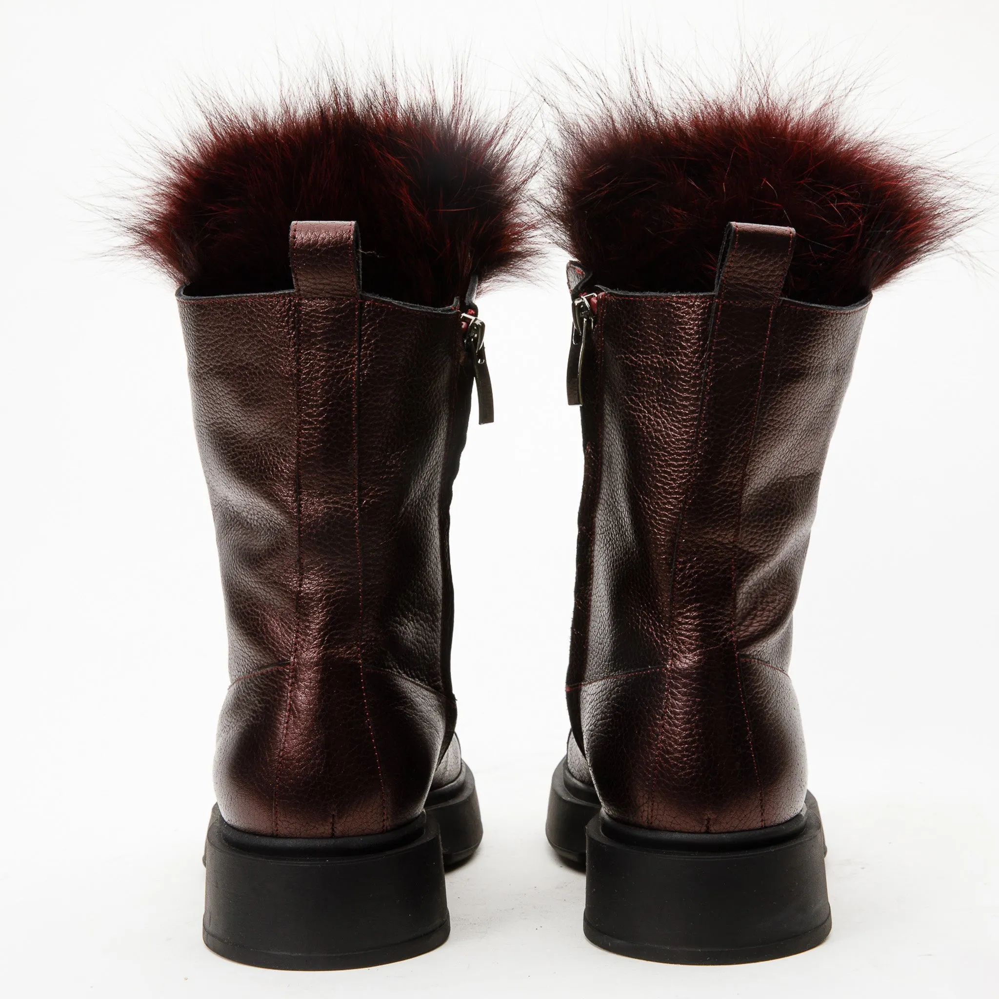 The Kajapati Burgundy Leather Natural Fur Mid Calf Women Boot