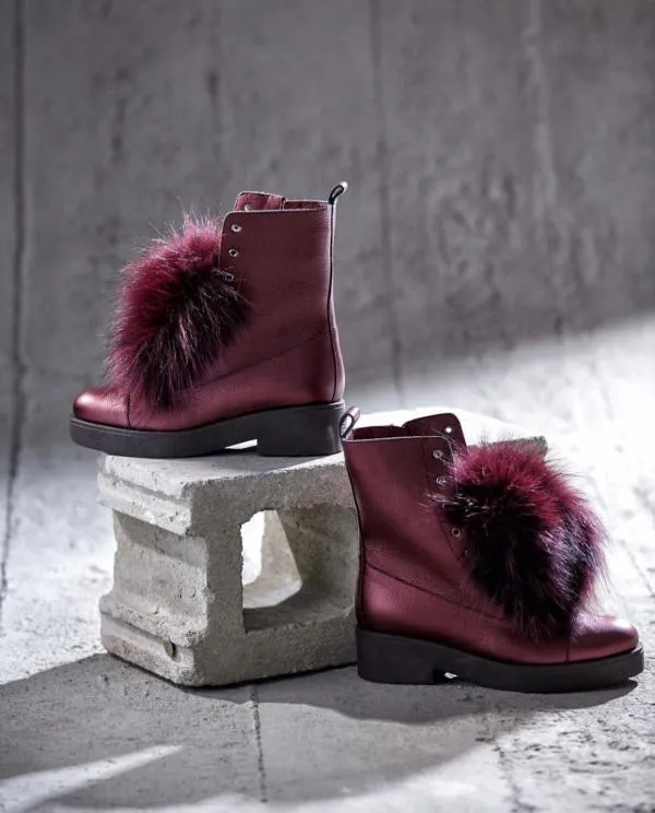 The Kajapati Burgundy Leather Natural Fur Mid Calf Women Boot