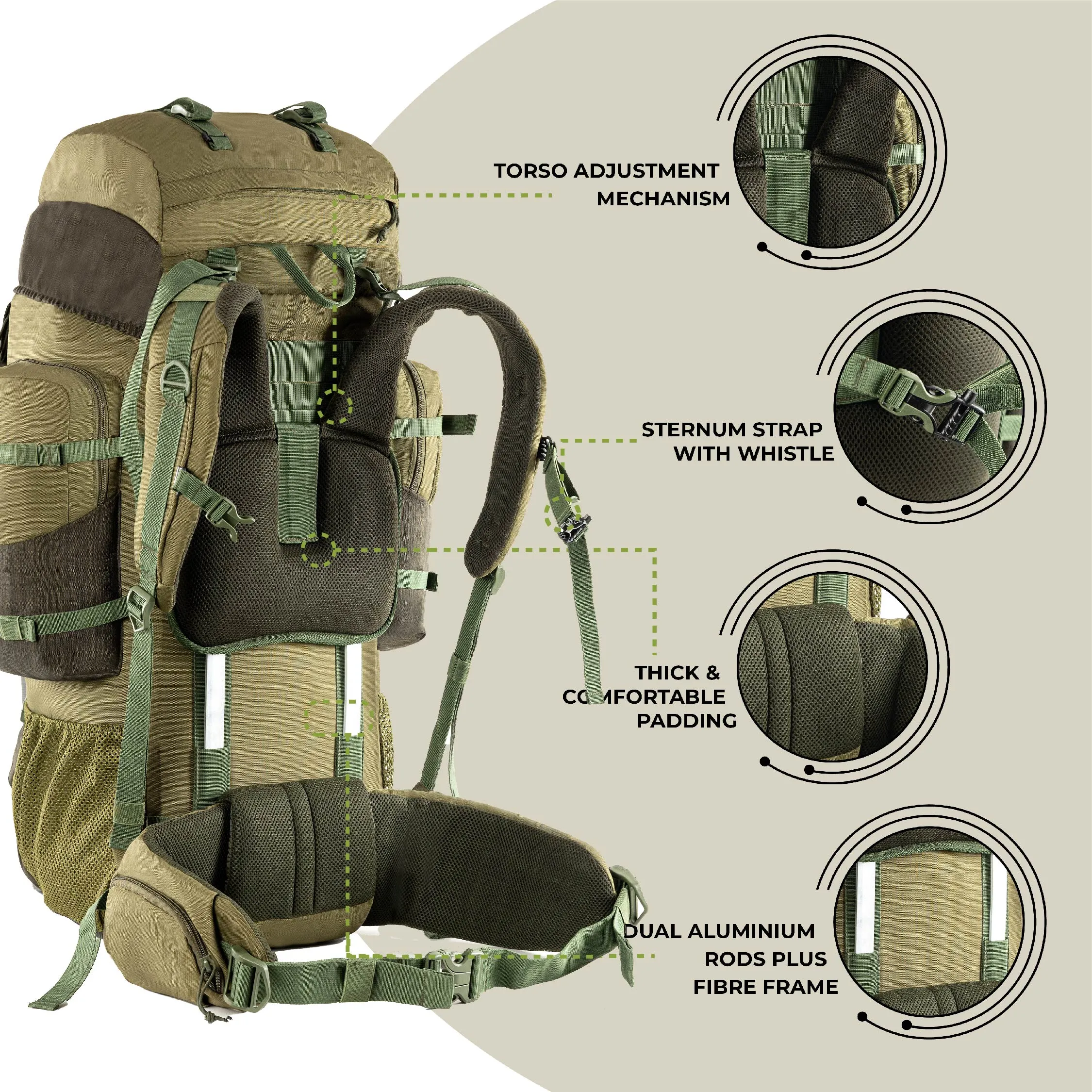 Tripole Walker Pro Internal Frame Rucksack for Travel and Trekking | Front Opening | Laptop Sleeve | Water Repellent | Rain Cover | 5 Year Warranty | 60 Litre Olive Green