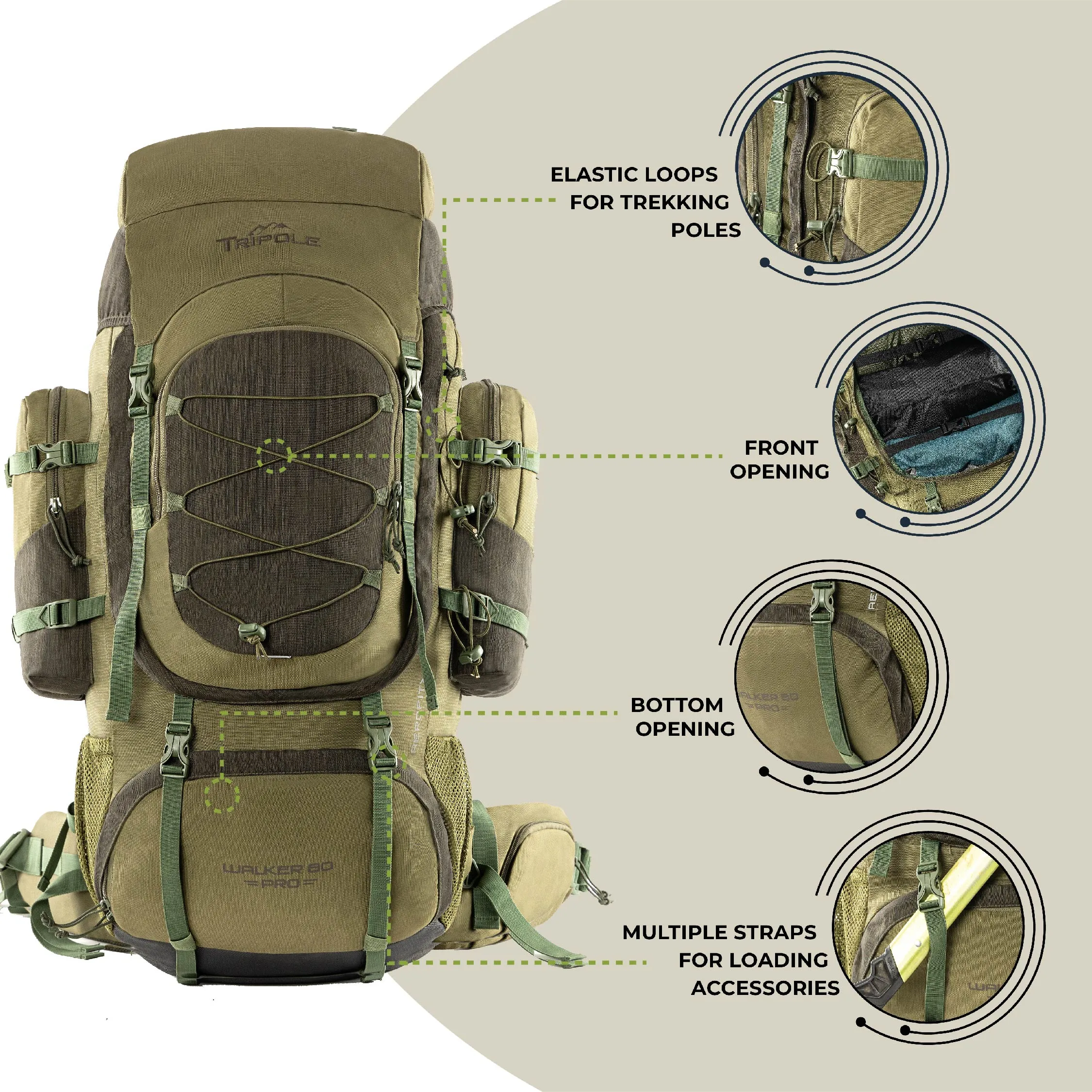 Tripole Walker Pro Internal Frame Rucksack for Travel and Trekking | Front Opening | Laptop Sleeve | Water Repellent | Rain Cover | 5 Year Warranty | 80 Litre Olive Green