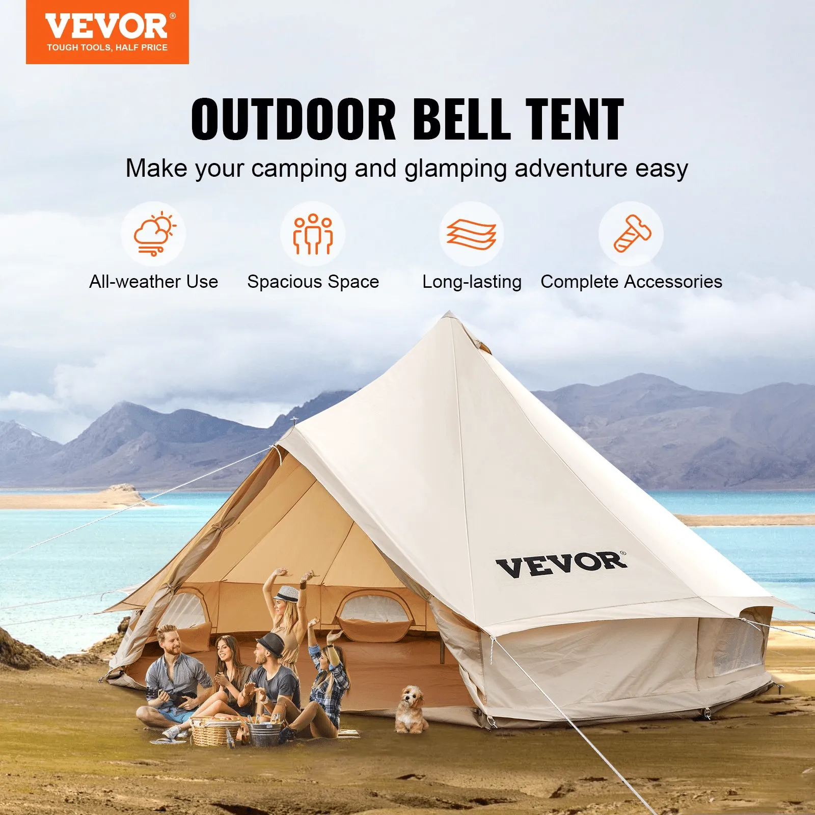 Vevor Bell Tent 19 ft/6m Yurt Cotton Canvas Waterproof With Stove Jack For 10-12 People 4 Seasons