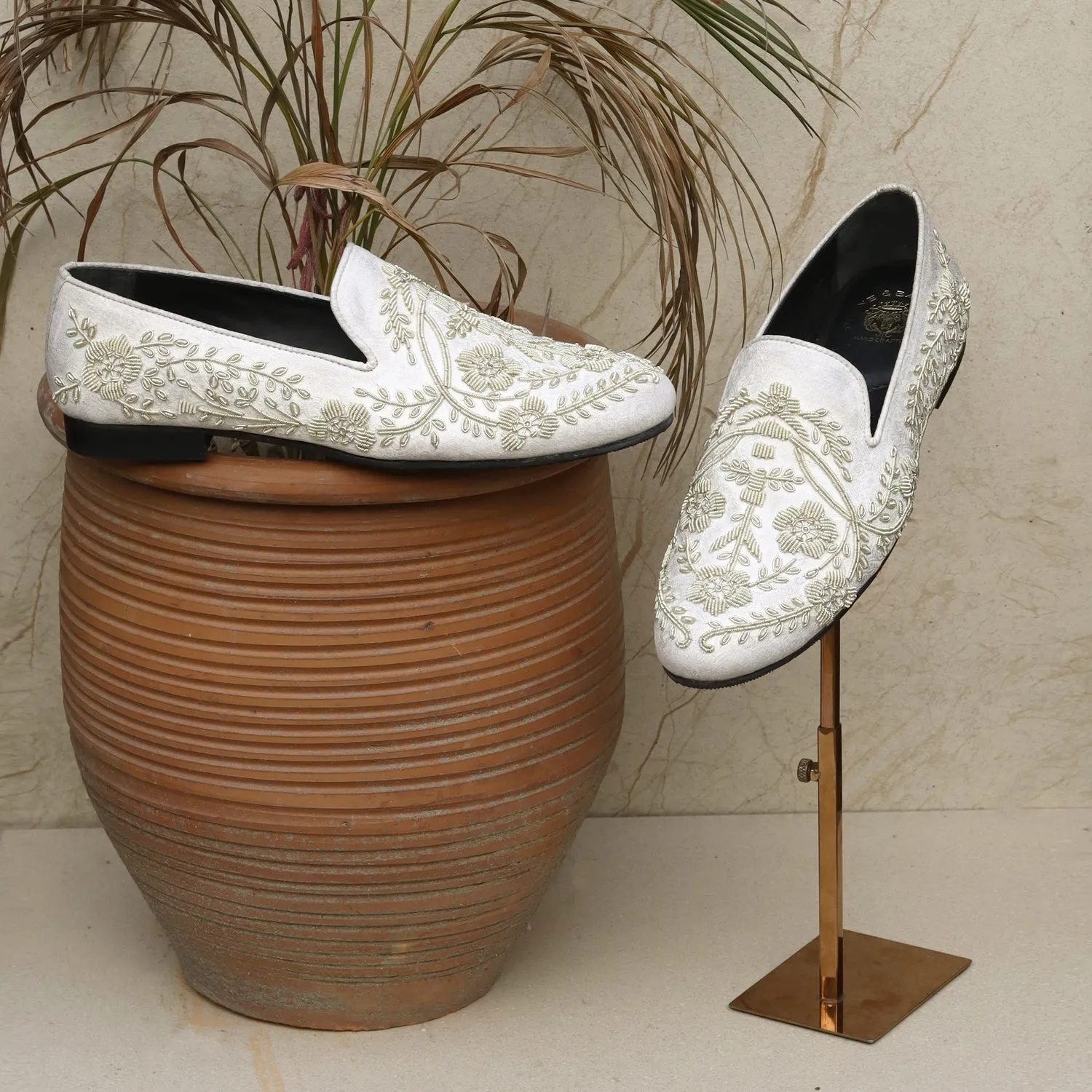 White Slip-On Shoes For Men with Stem Floral Ethnic Silver Hand Zardosi