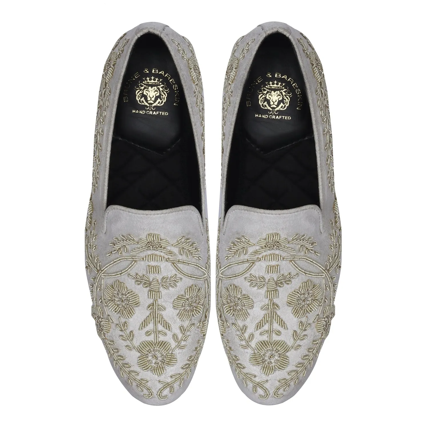 White Slip-On Shoes For Men with Stem Floral Ethnic Silver Hand Zardosi