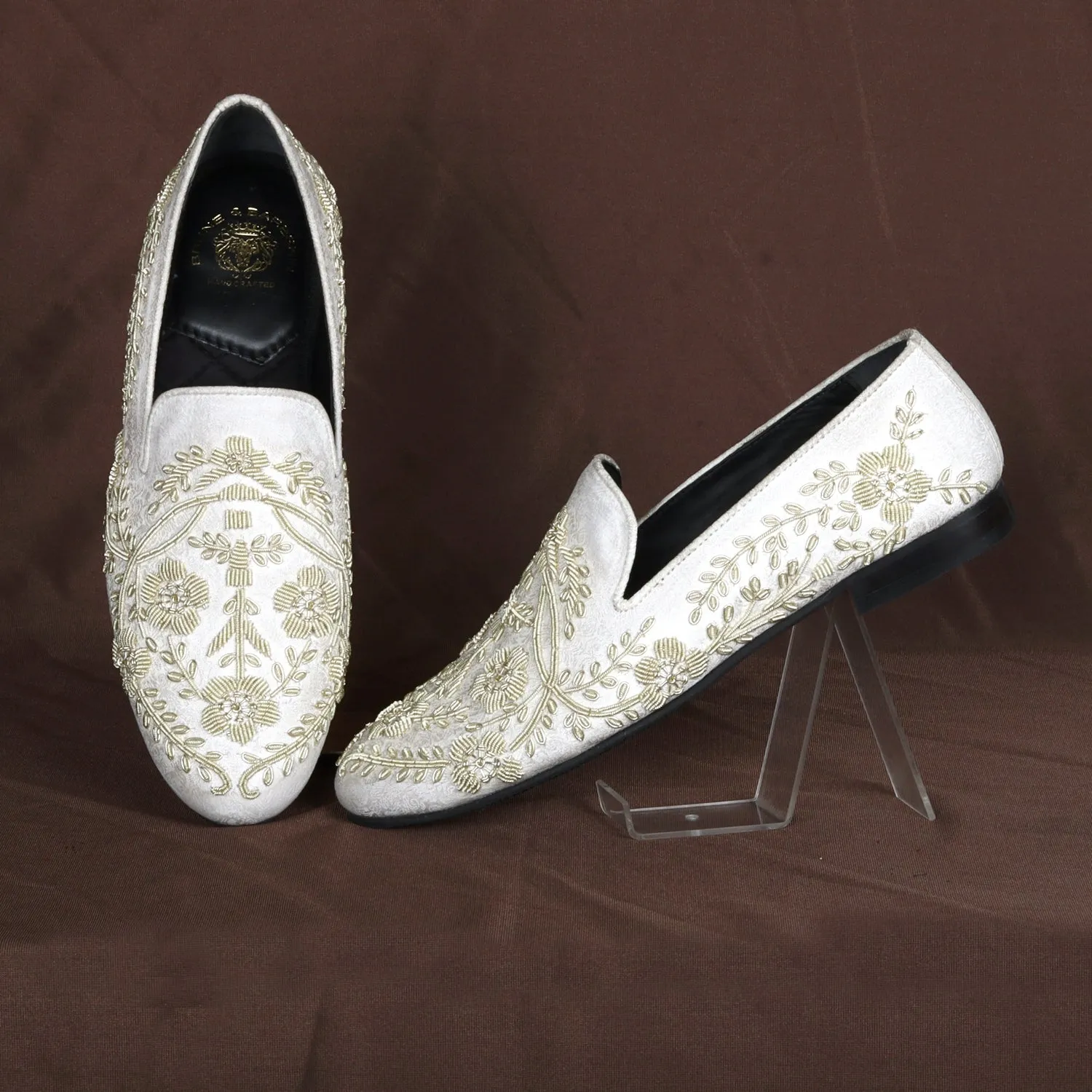 White Slip-On Shoes For Men with Stem Floral Ethnic Silver Hand Zardosi