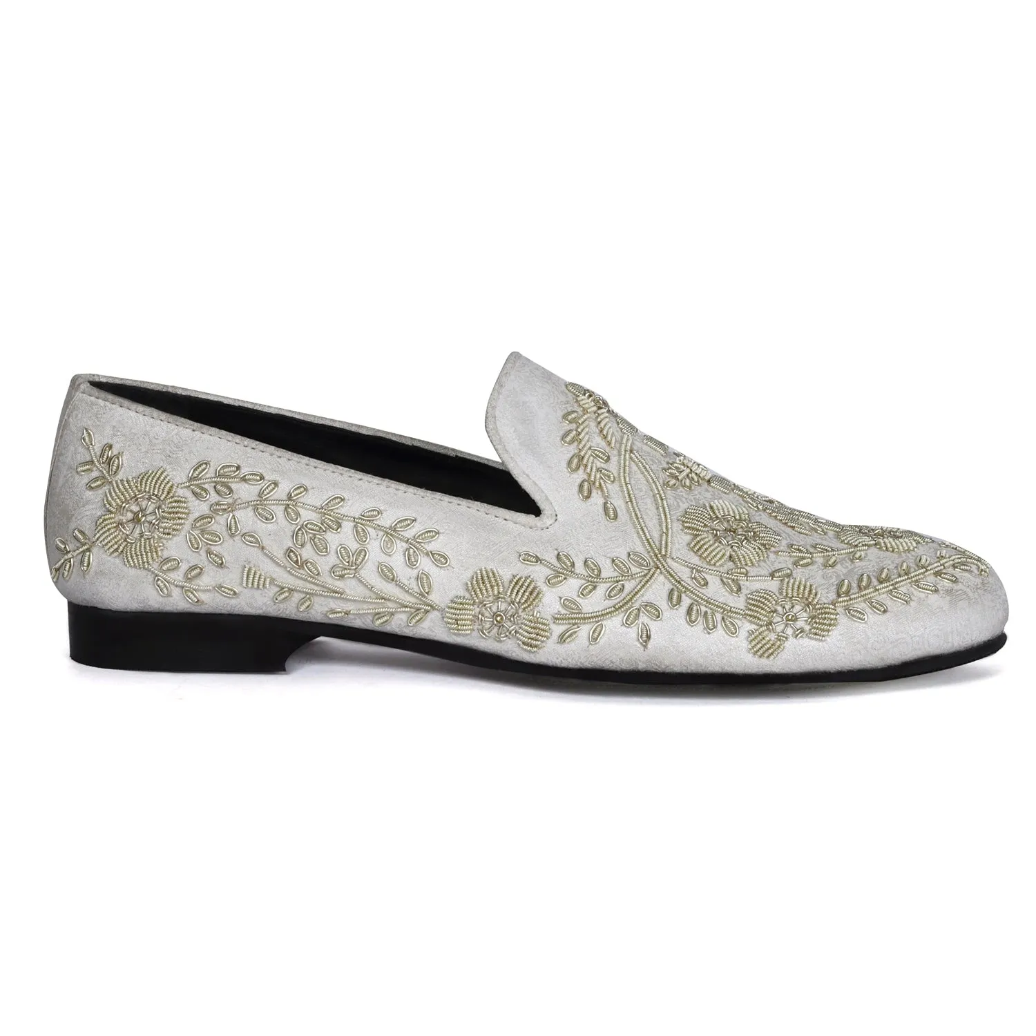 White Slip-On Shoes For Men with Stem Floral Ethnic Silver Hand Zardosi