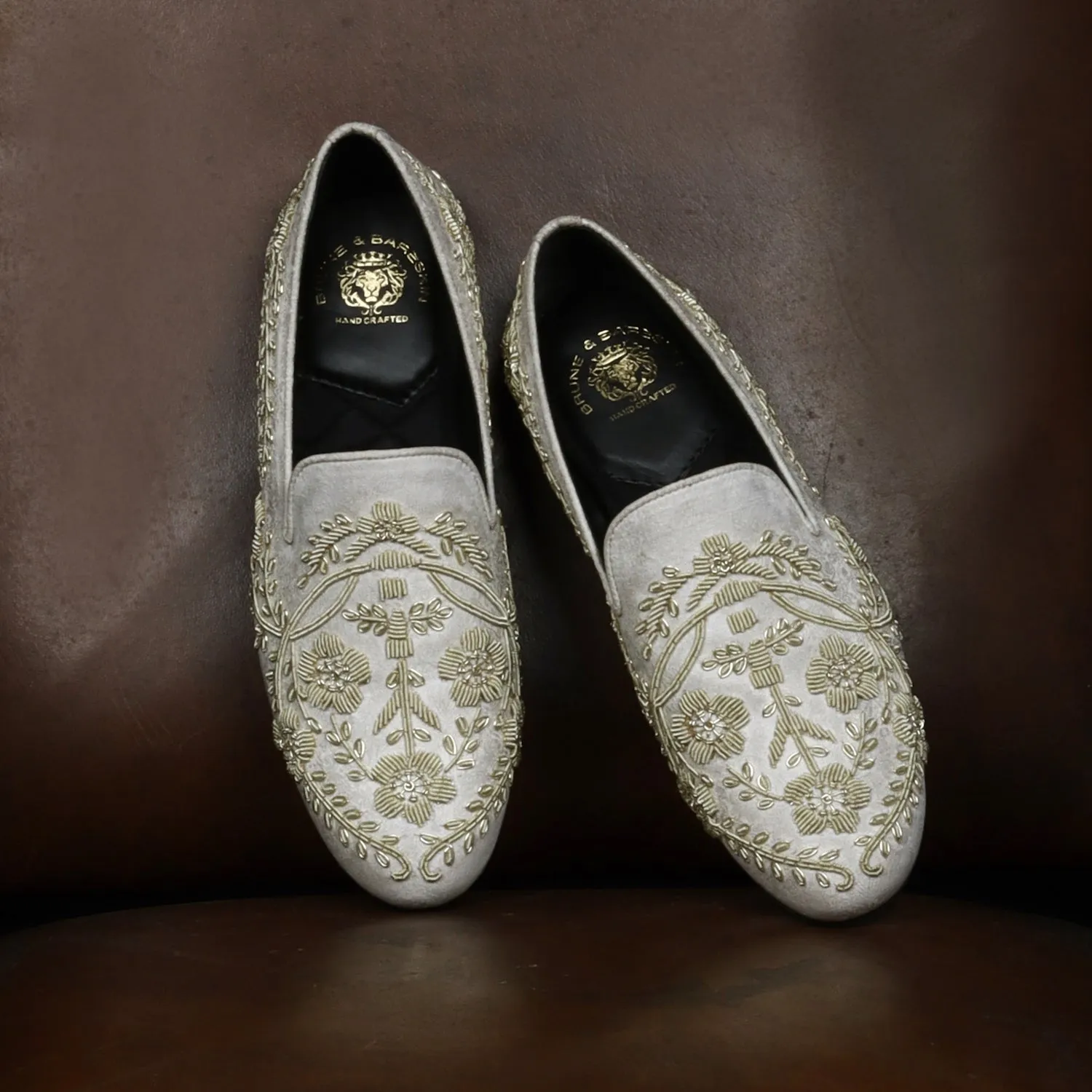 White Slip-On Shoes For Men with Stem Floral Ethnic Silver Hand Zardosi