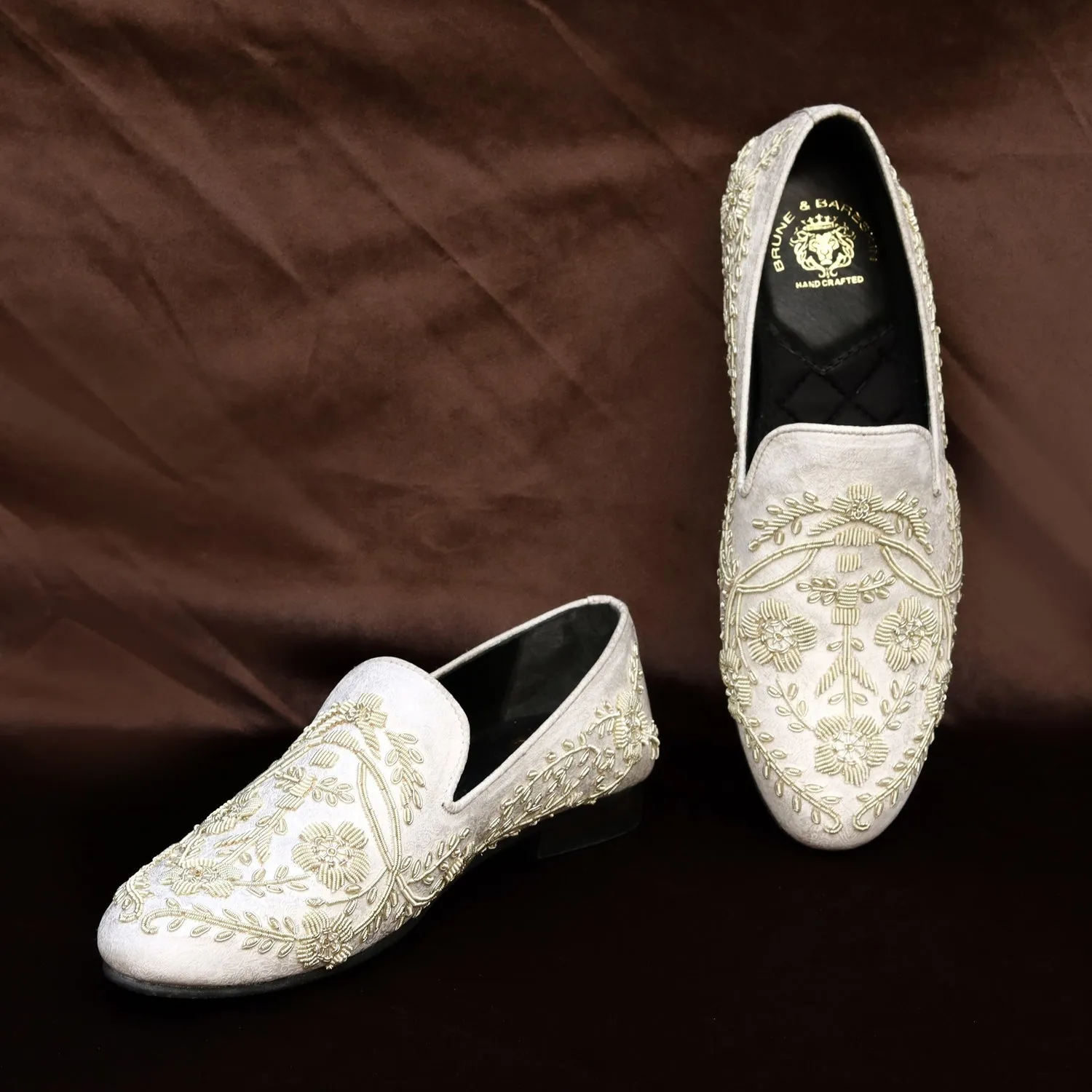 White Slip-On Shoes For Men with Stem Floral Ethnic Silver Hand Zardosi