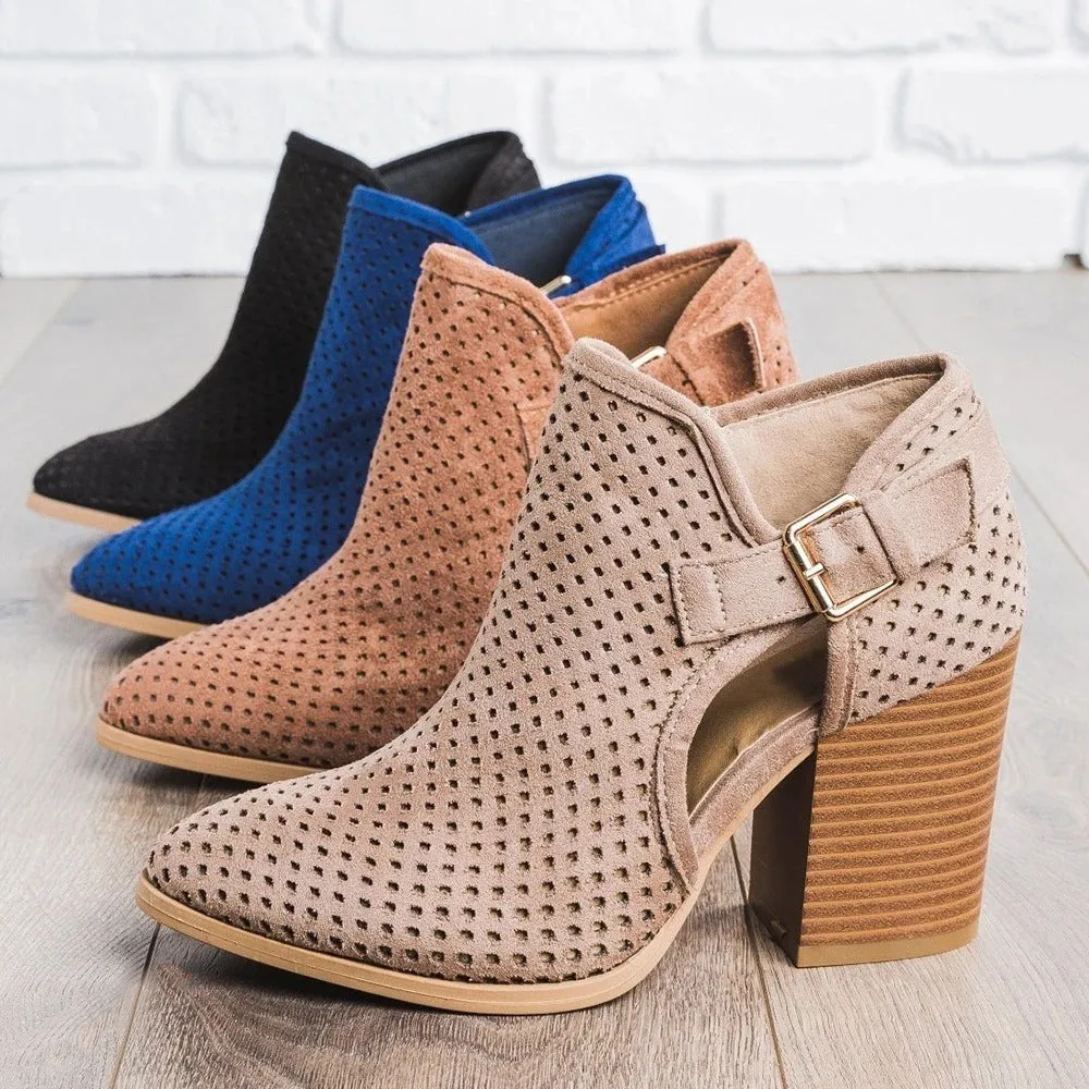 Women buckle strap hollow chunky heel pointed toe side zipper ankle boots