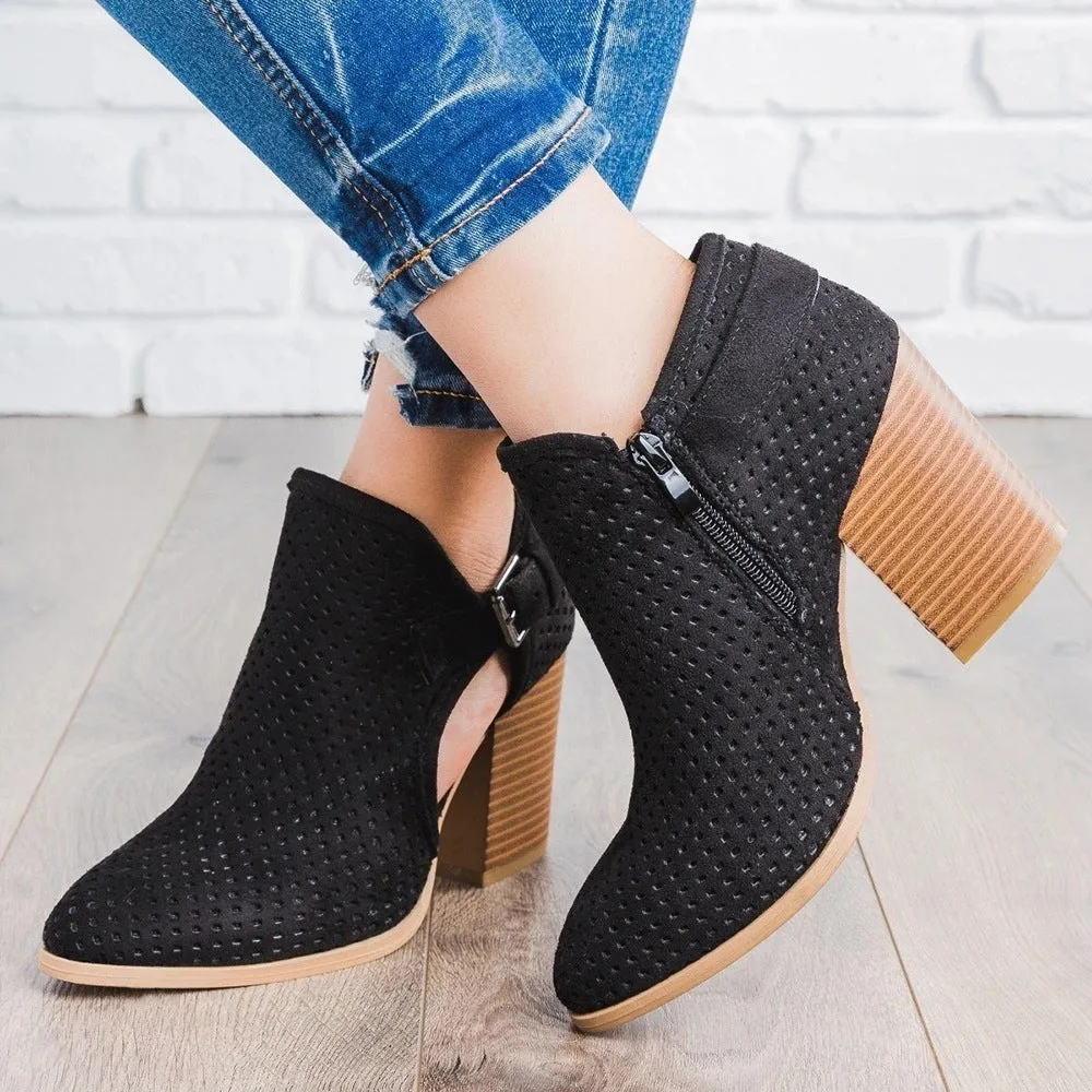 Women buckle strap hollow chunky heel pointed toe side zipper ankle boots