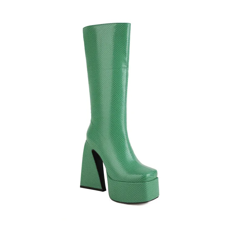 Women's Square Toe Side Zippers Triangle Heel Platform Knee High Boots