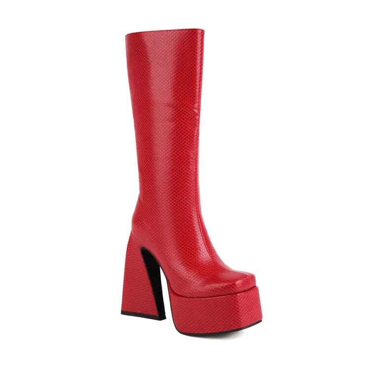 Women's Square Toe Side Zippers Triangle Heel Platform Knee High Boots