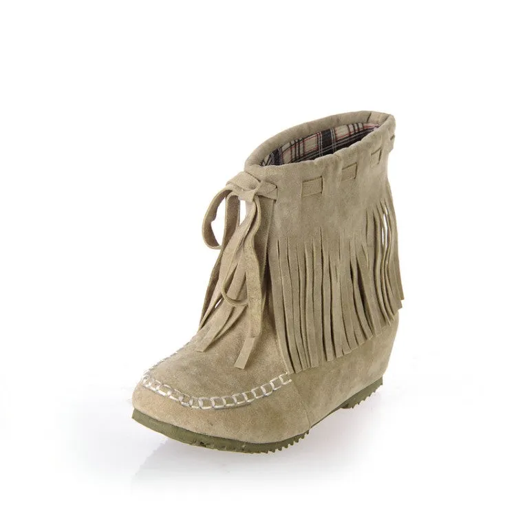 Women's Suede Stitching Tassel Inside Heighten Flat Short Boots