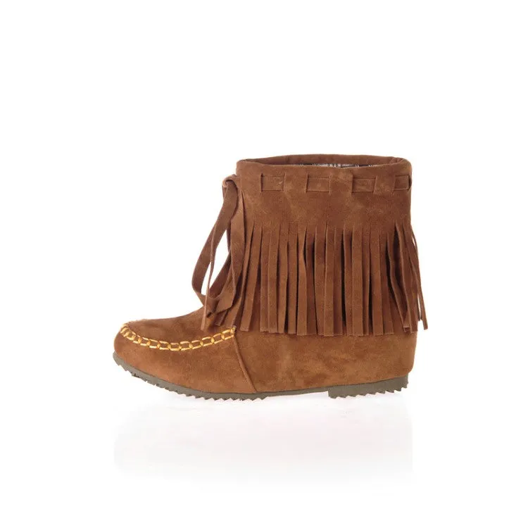 Women's Suede Stitching Tassel Inside Heighten Flat Short Boots