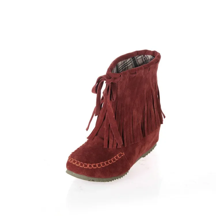 Women's Suede Stitching Tassel Inside Heighten Flat Short Boots