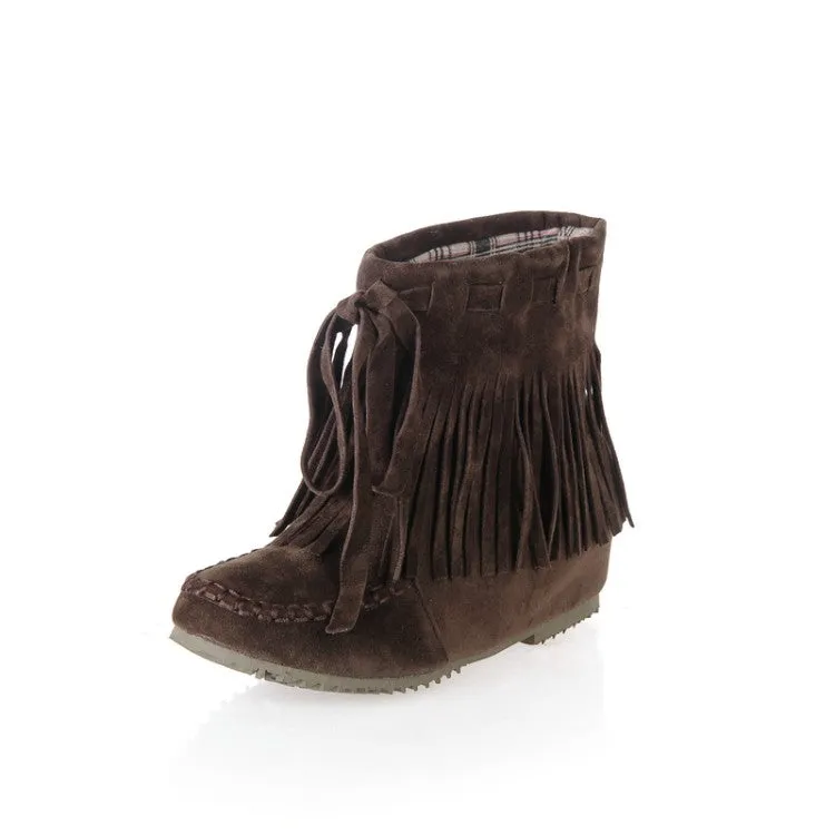 Women's Suede Stitching Tassel Inside Heighten Flat Short Boots