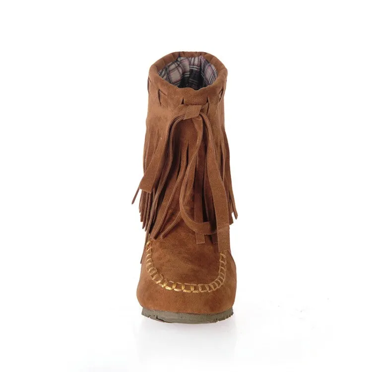 Women's Suede Stitching Tassel Inside Heighten Flat Short Boots