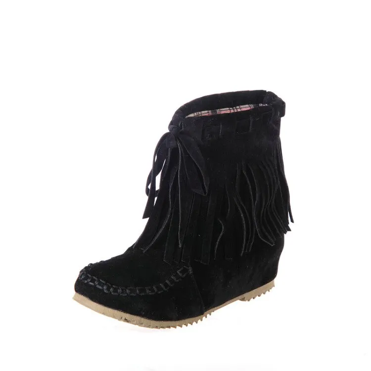 Women's Suede Stitching Tassel Inside Heighten Flat Short Boots